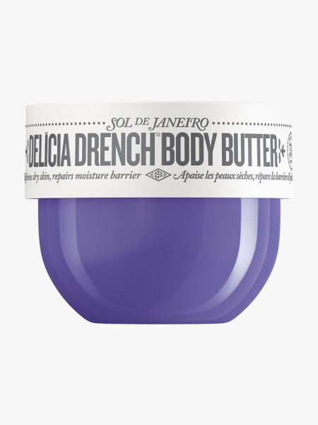 A purple jar of Sol De Janeiro Delicia Drench Body Butter with white cap on light gray background